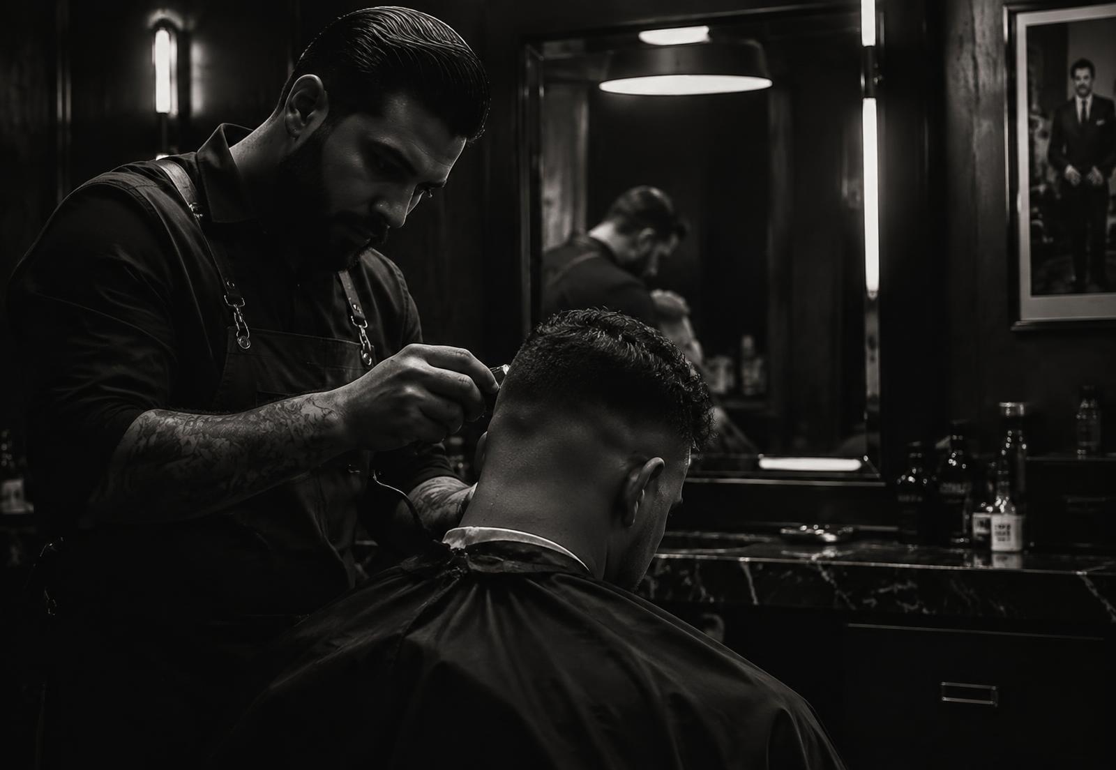 Barber tunzând un client în salonul MihaiPitea Concept din Aviației, București